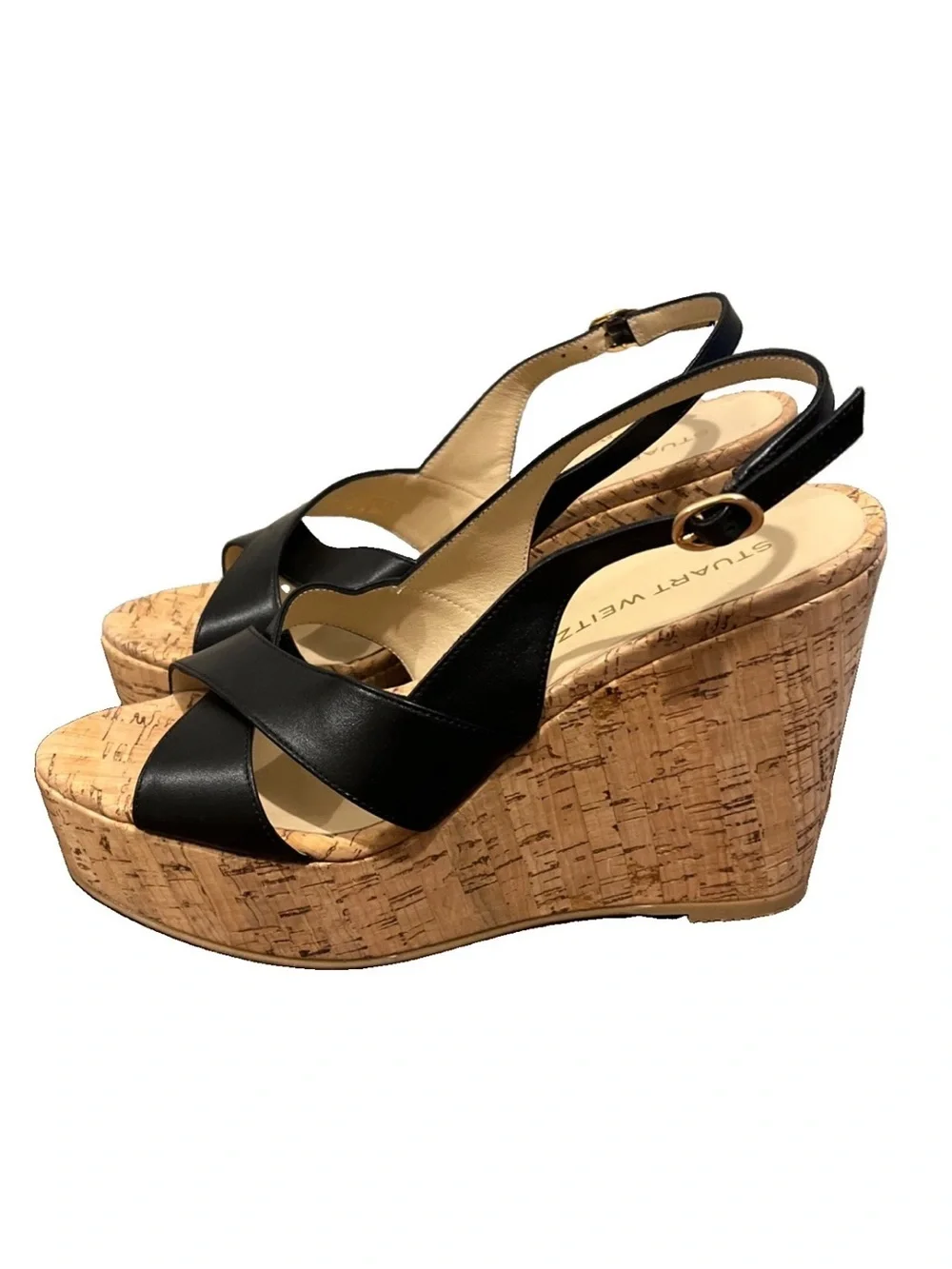 NWOB Stuart Weitzman Dayna Leather Cork Wedge Slingbacks Sz 7.5